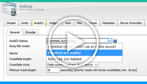 AutoDJ status Specifies whether the autoDJ should be enabled. This option will be unavailable if your stream is currently online; you will need to stop your stream if you want to change it. Options include:      Disabled     If selected, autoDJ support is turned off. This setting is necessary if you plan to use a live streaming source.      Enabled     If selected, autoDJ support will be turned on. This setting is necessary if you plan to upload your media to the server and will not be providing your own live streaming source. Note that if the autoDJ is enabled, but no media (eg: MP3 files) have been uploaded, or media has not been added to an enabled playlist, the server will fail to start. As such, be sure to upload at least one track, and add one or more tracks to an enabled General Rotation playlist, before starting the server with autoDJ support enabled.